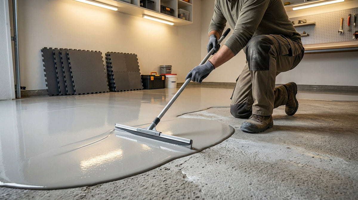 Ouvrier agenouillé dans un garage en rénovation, étalant un produit gris autolissant sur une dalle de béton à l’aide d’une longue raclette