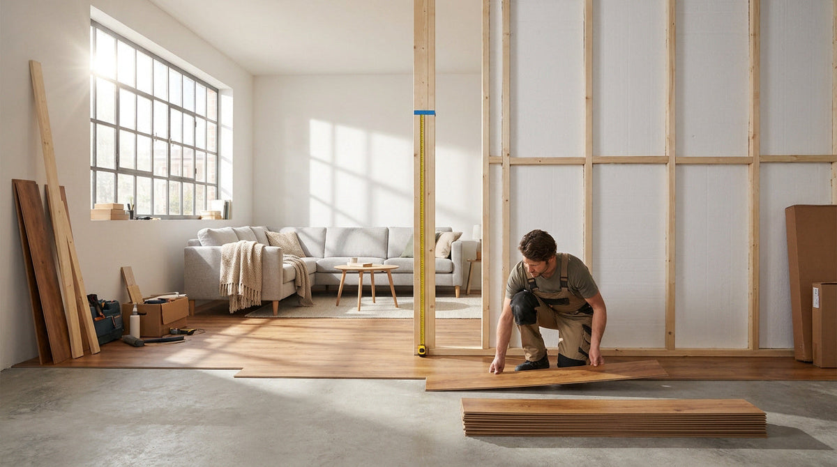 Intérieur résidentiel lumineux en cours de rénovation, avec une partie du sol en lames de bois, une dalle béton apparente et une cloison en cours de construction
