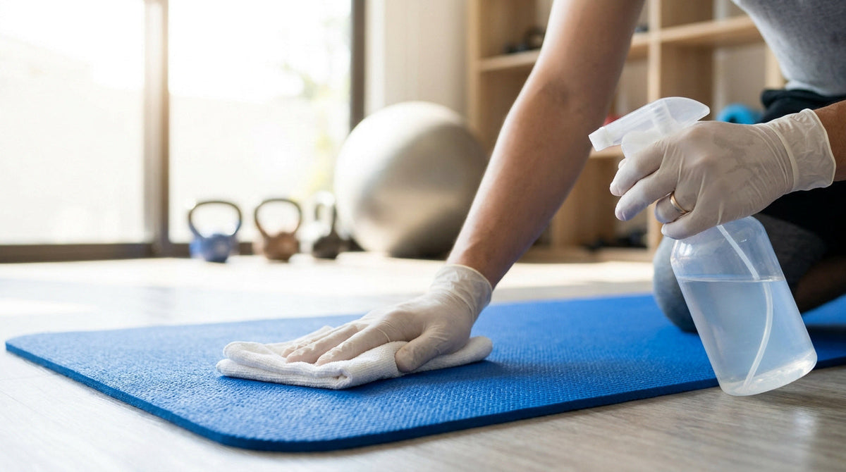 Personne nettoyant un tapis de sport bleu avec un chiffon et un vaporisateur