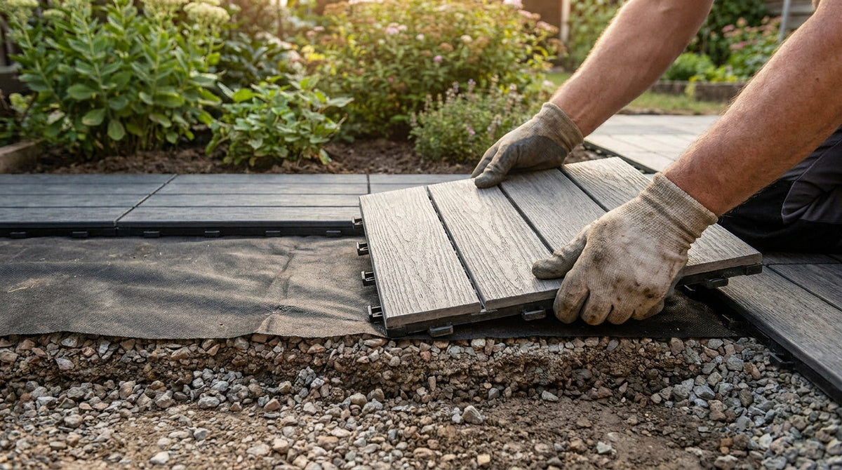 Pose de dalles clipsables effet bois sur une base en gravier et géotextile pour aménager une terrasse extérieure