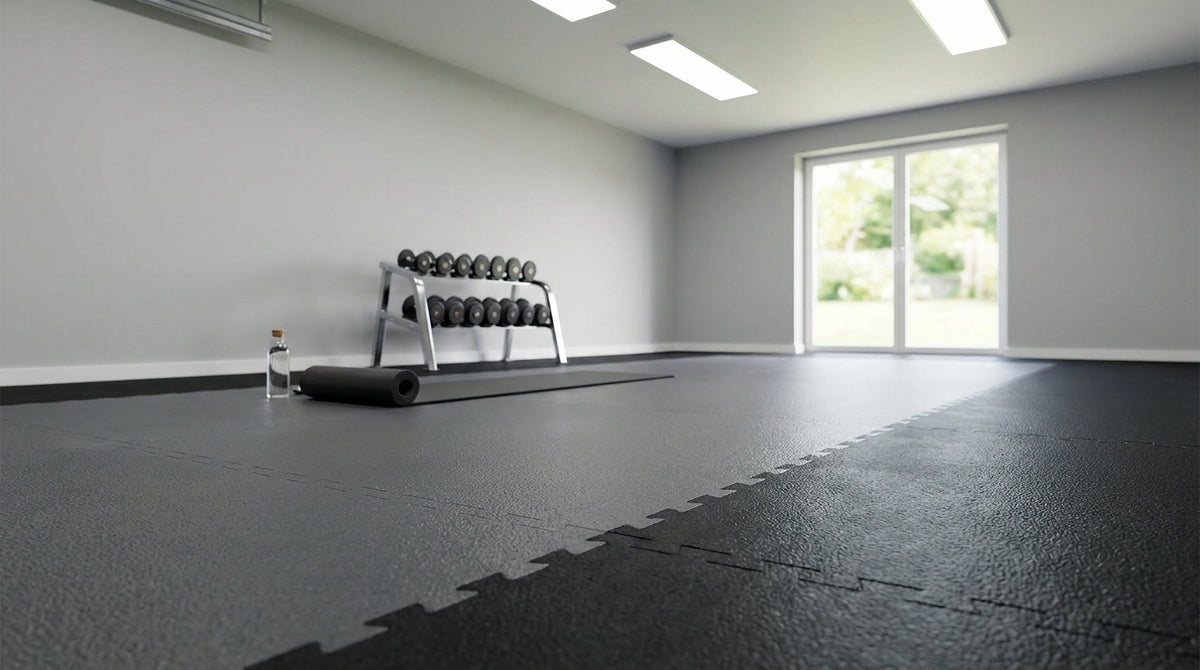 Garage aménagé en salle de sport avec un sol sombre en dalles emboîtables, vu au ras du sol.