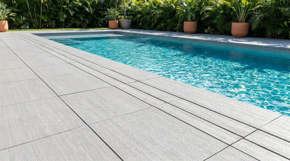 Piscine extérieure rectangulaire bordée d’une terrasse gris clair aux lames striées, en plein soleil