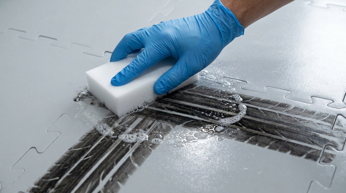 Main gantée frottant une éponge sur une dalle PVC grise en forme de puzzle marquée par des traces sombres