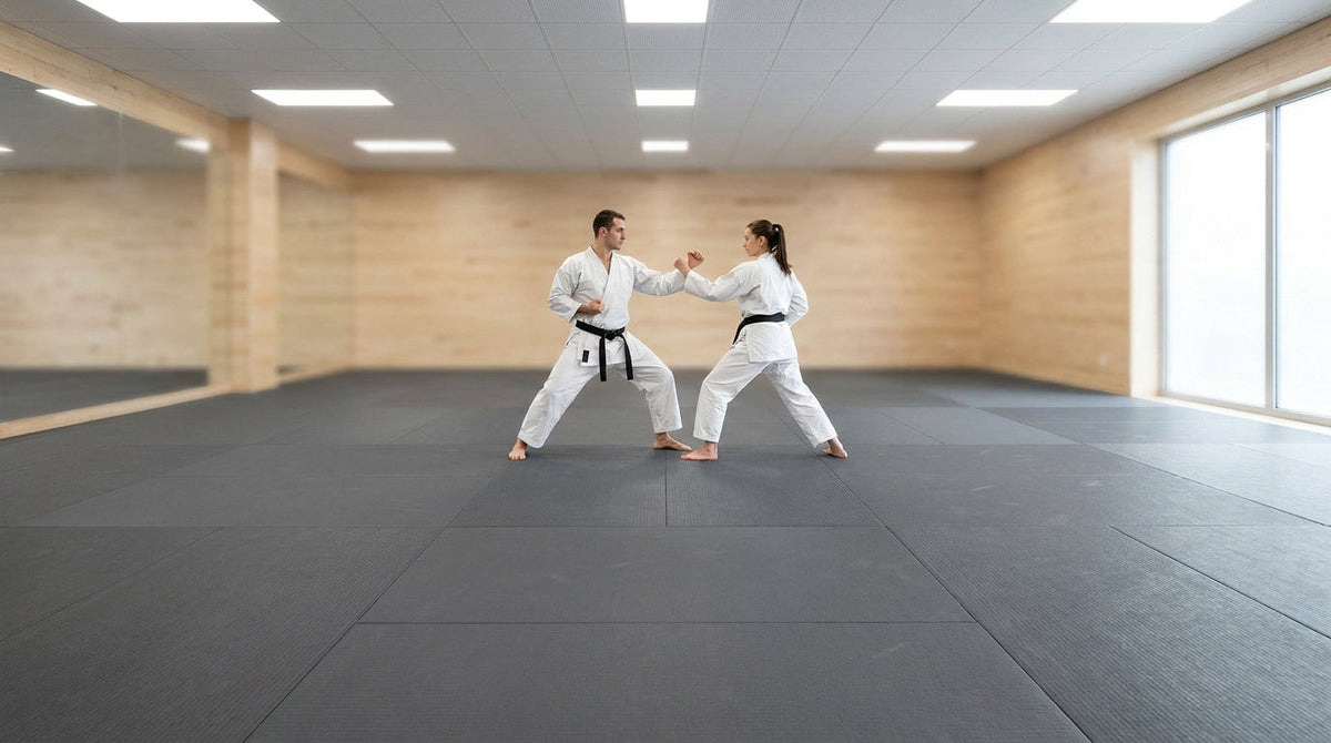Dojo moderne avec tatamis de combat gris, murs en bois clair et deux pratiquants en tenue d’arts martiaux