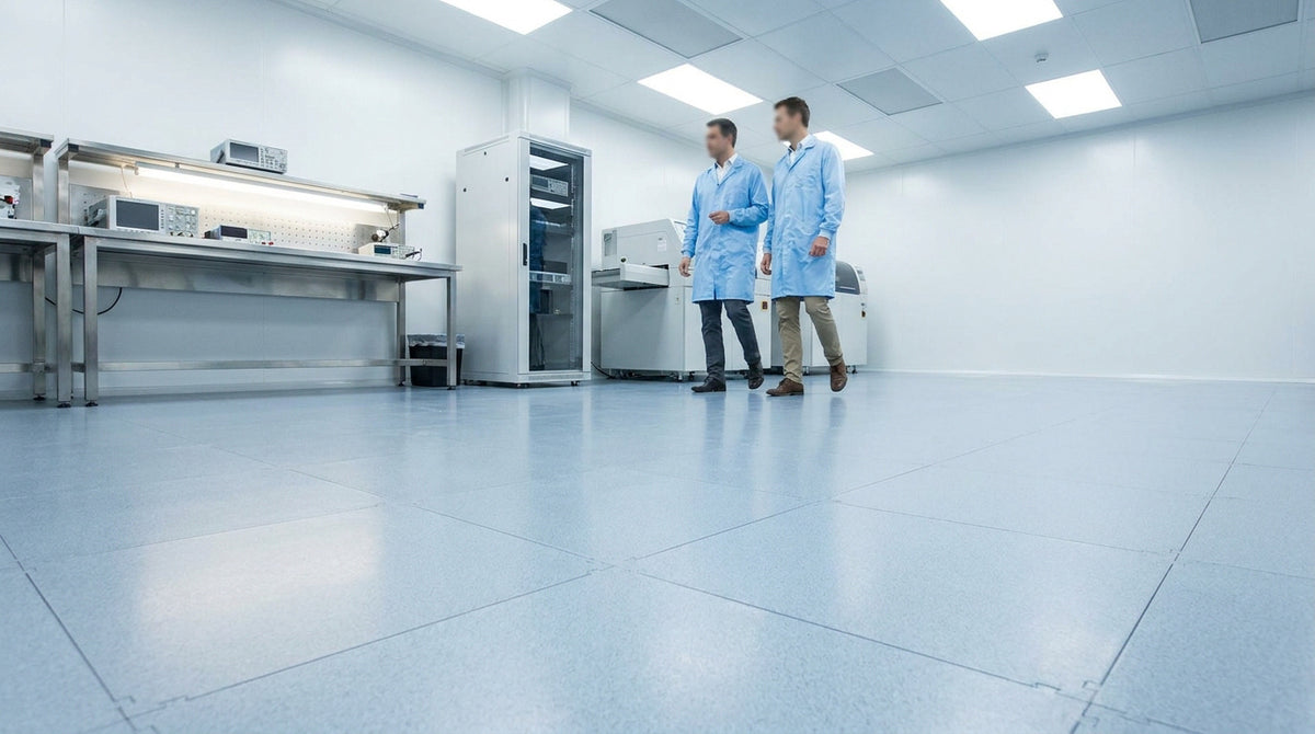 Laboratoire industriel propre et lumineux avec sol technique gris, paillasse en acier inoxydable et équipements électroniques