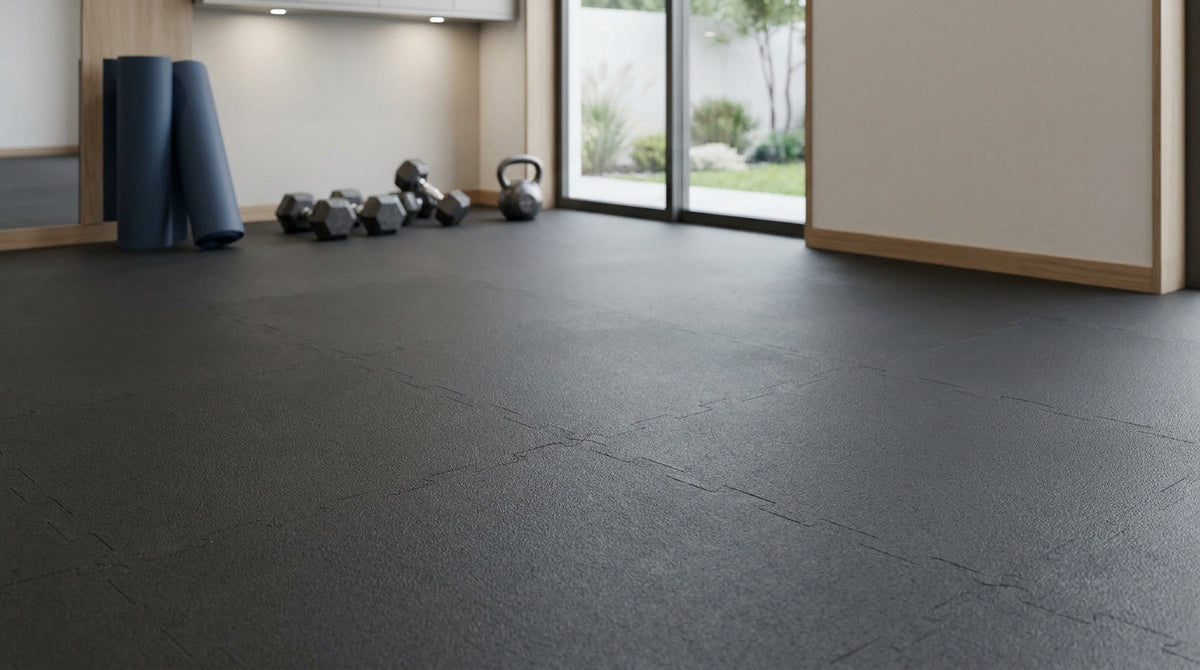 Salle de sport à domicile avec un sol sombre en caoutchouc et des équipements de fitness