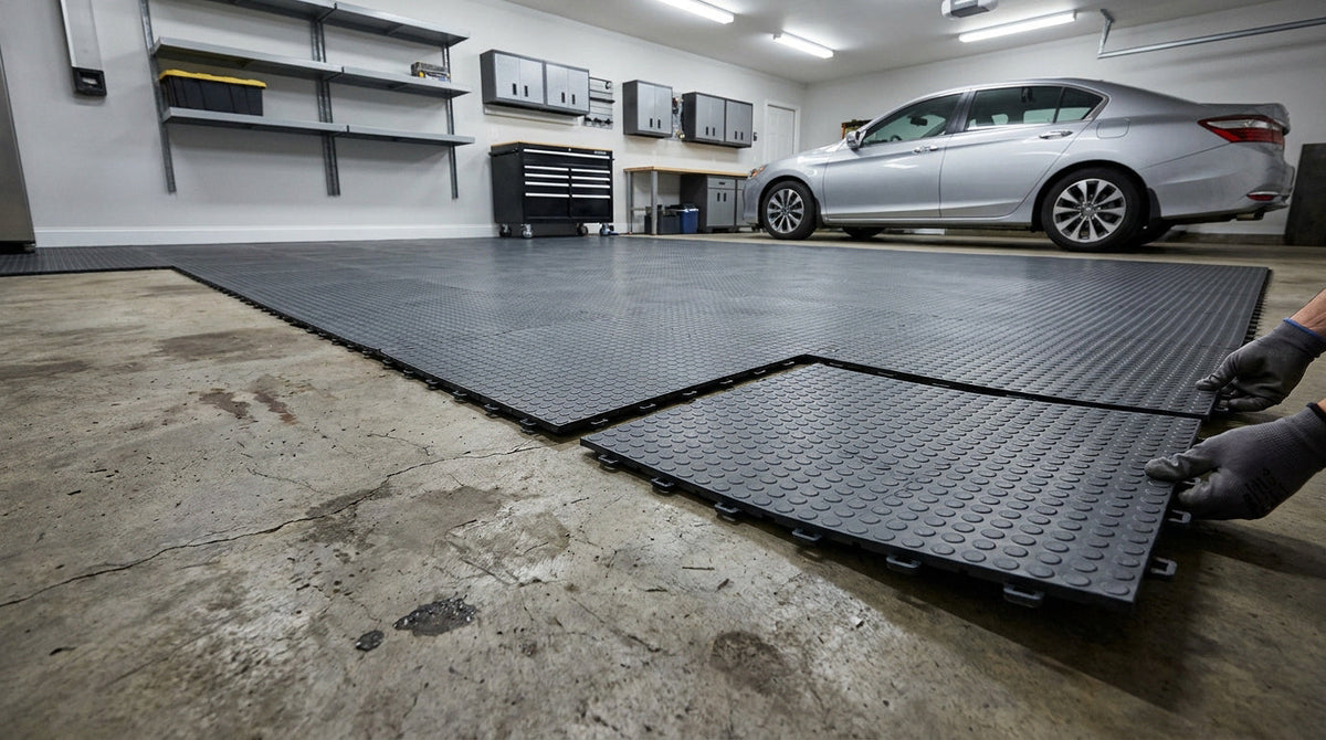 Garage résidentiel en cours de rénovation avec des dalles PVC clipsables gris anthracite posées sur un ancien sol en béton