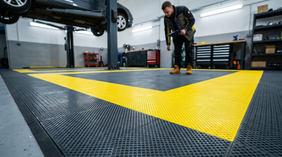 Atelier automobile professionnel avec un revêtement de sol modulaire sombre, une zone de marquage jaune et un véhicule sur pont élévateur
