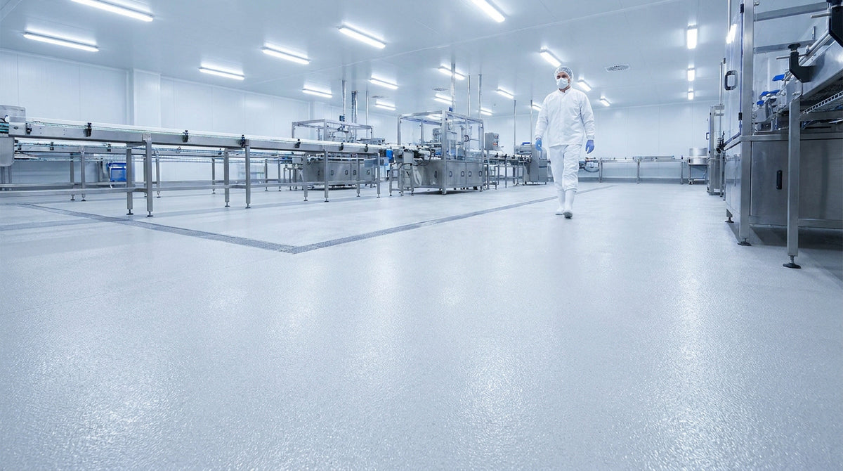 Salle industrielle de production agroalimentaire propre, avec sol clair continu, surfaces lisses et lignes de circulation au sol
