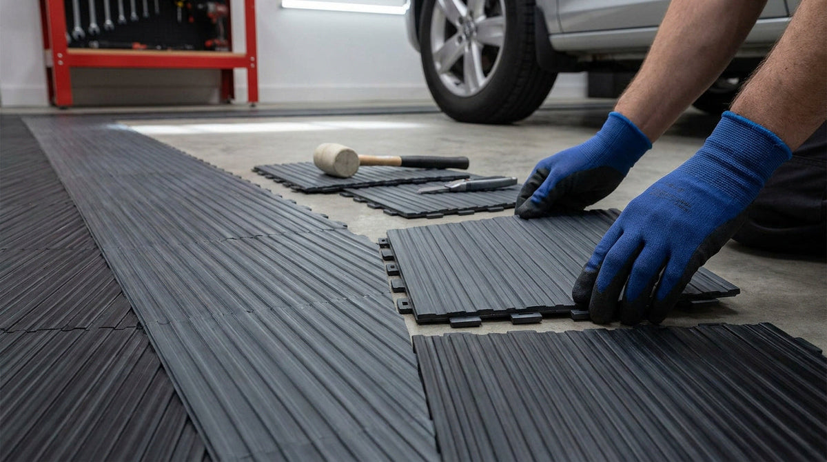 Pose de dalles PVC clipsables gris anthracite dans un garage automobile, avec une personne assemblant les éléments sur un sol béton.