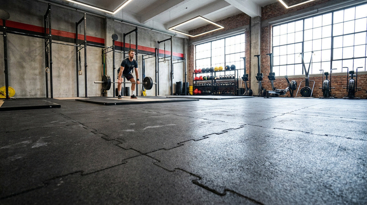 Salle de CrossFit avec un sportif soulevant une barre chargée sur une plateforme noire