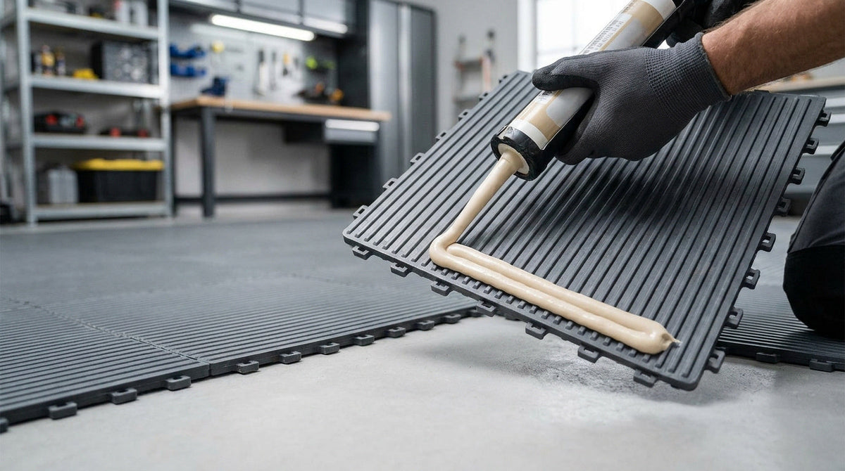 Pose d'un adhésif en cordon sur une dalle PVC rainurée dans un garage ou un atelier professionnel