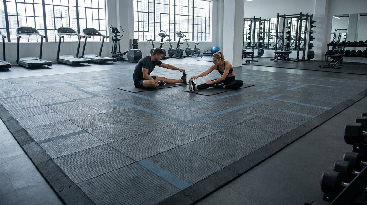 Grande salle de sport moderne avec deux personnes assises sur des tapis noirs, réalisant des étirements au sol