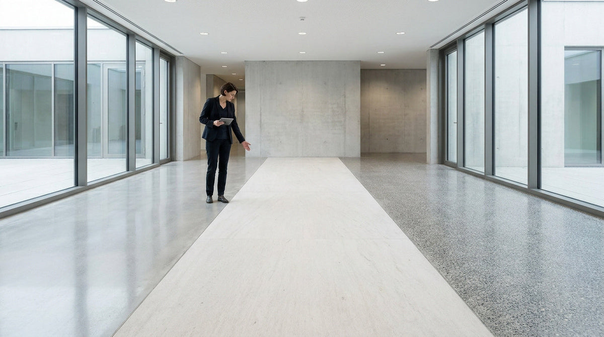 Hall intérieur contemporain aux grandes baies vitrées avec un sol clair et réfléchissant