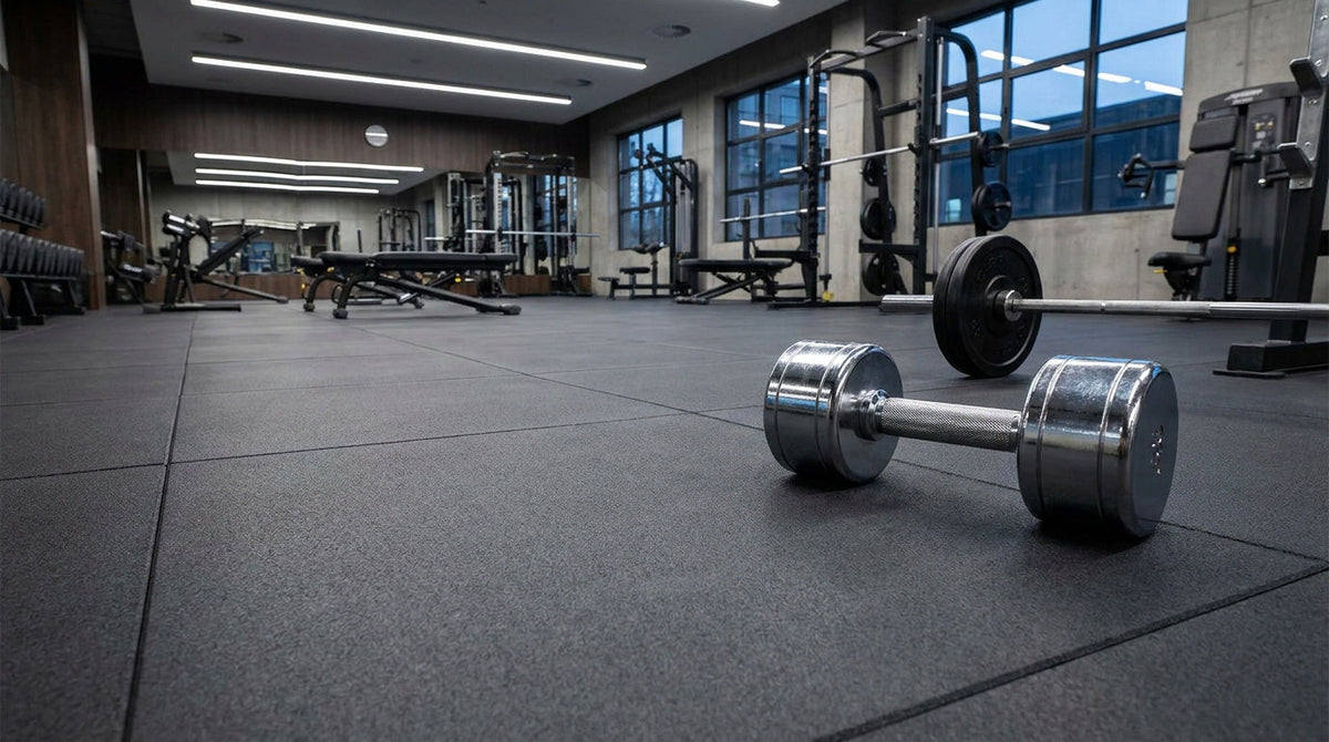 Salle de musculation professionnelle intérieure avec cages à squat, bancs, machines et haltères sur un sol sportif