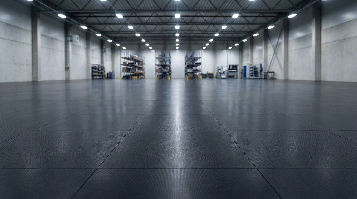 Intérieur vaste et dégagé d’un hangar industriel avec sol gris foncé quadrillé, charpente métallique apparente et éclairage réfléchissant sur le revêtement.
