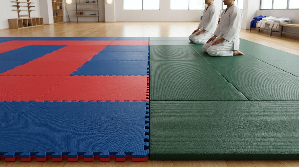 Salle de dojo avec un tatami puzzle bleu et rouge à gauche et un tatami classique vert à droite