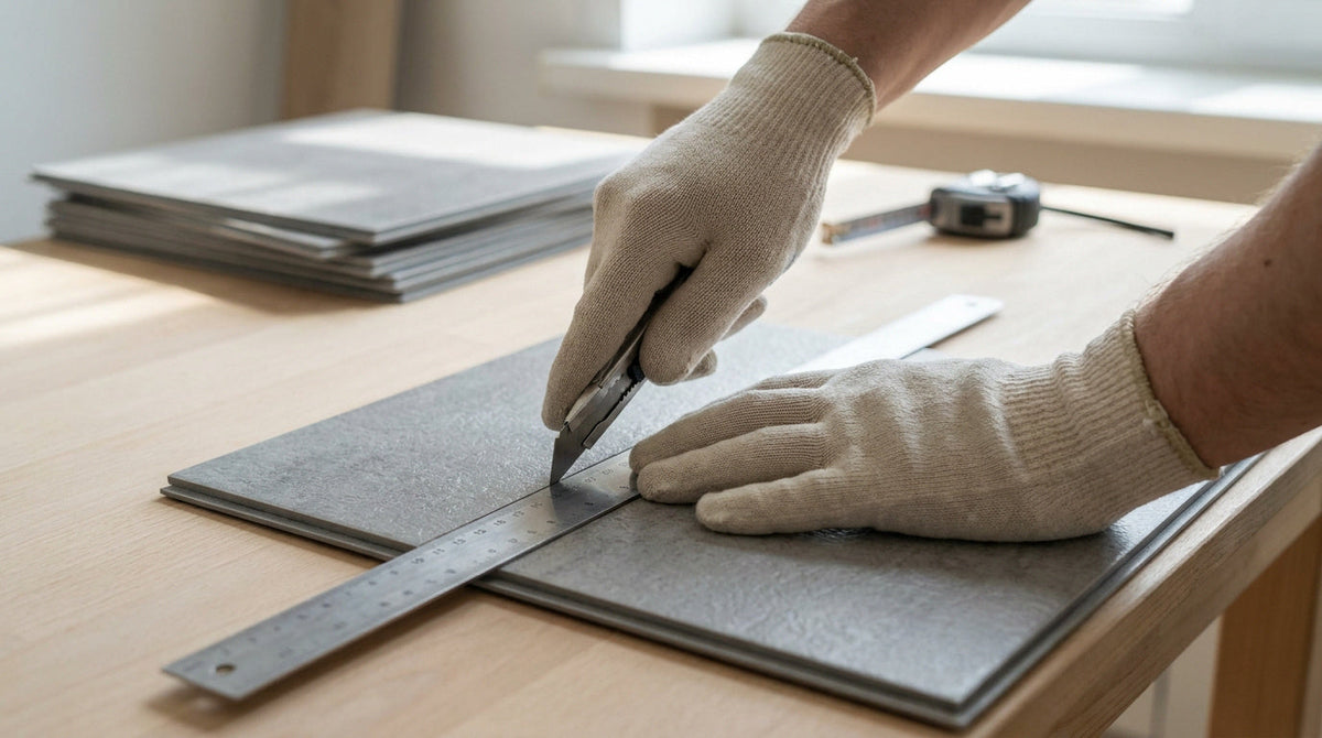 Deux mains gantées découpent une dalle PVC grise au cutter, guidé par une règle métallique sur un établi.
