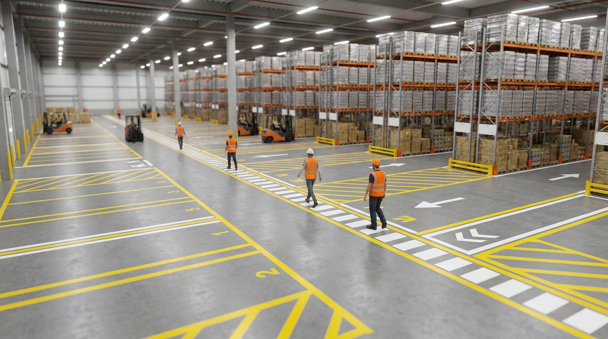 Entrepôt logistique organisé avec racks de stockage, protections jaunes et marquage au sol blanc et jaune séparant les voies de circulation