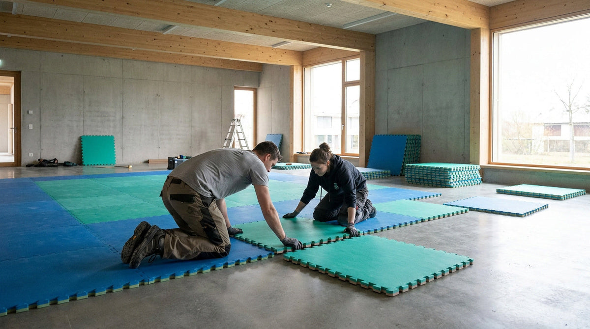 Deux personnes assemblent des dalles de tatami puzzle bleues et vertes dans une grande salle d’entraînement