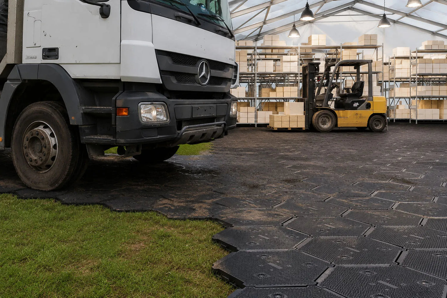 LKW auf einrastbaren Schutzbodenplatten – Mosaik Floor