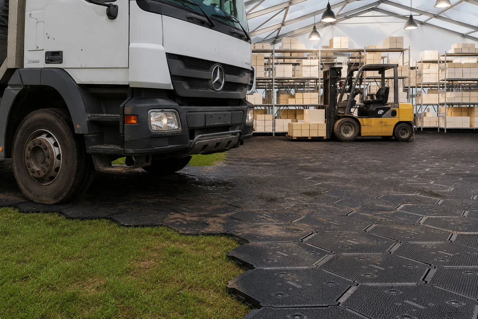 Camión sobre losas protectoras encajables - Mosaik Floor