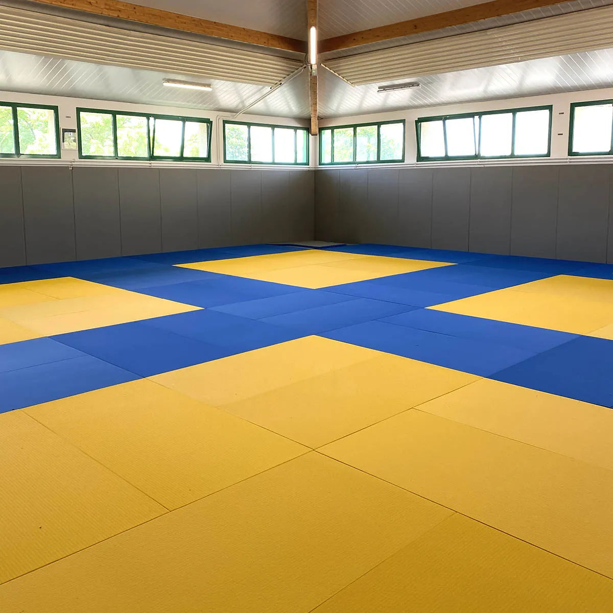 Dojo equipado con tatamis Mosaik Floor azules y amarillos: suelo para judo, MMA y artes marciales