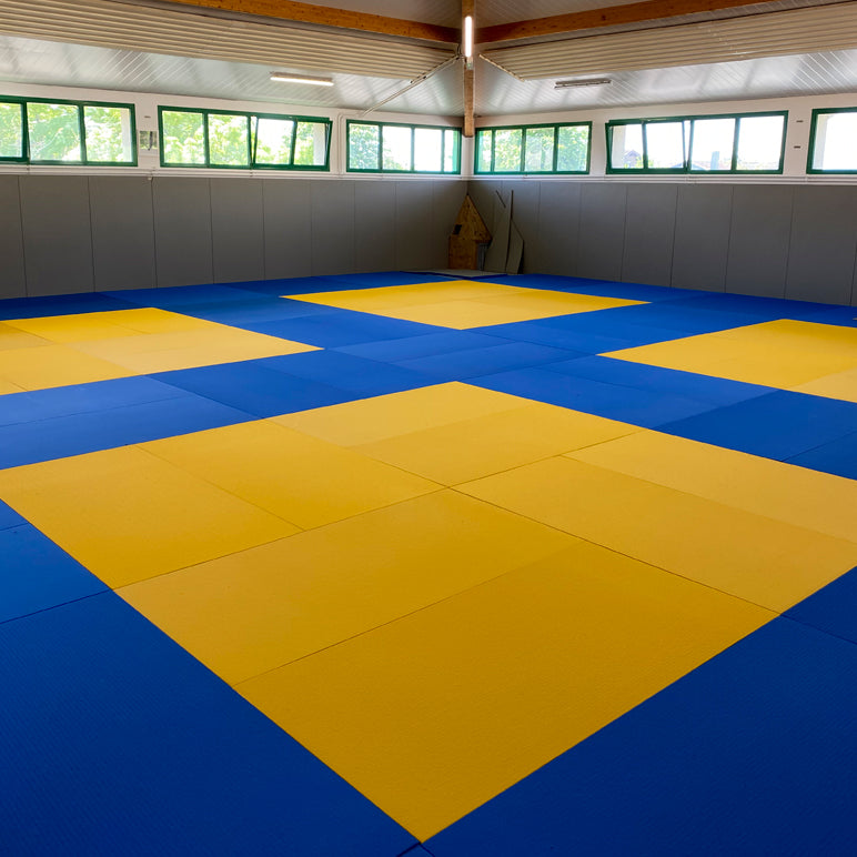 Protections murales et tatamis bleus et jaunes dans un dojo