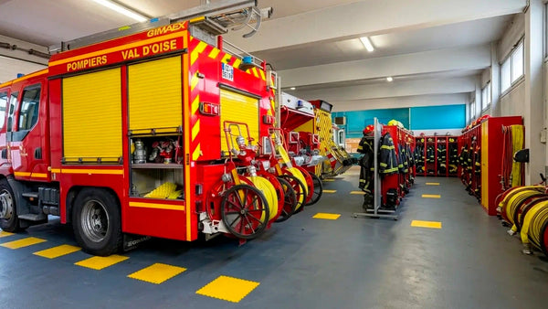 Dalles ULTIMA ULTRA dans une caserne de pompiers, sous un camion d'intervention